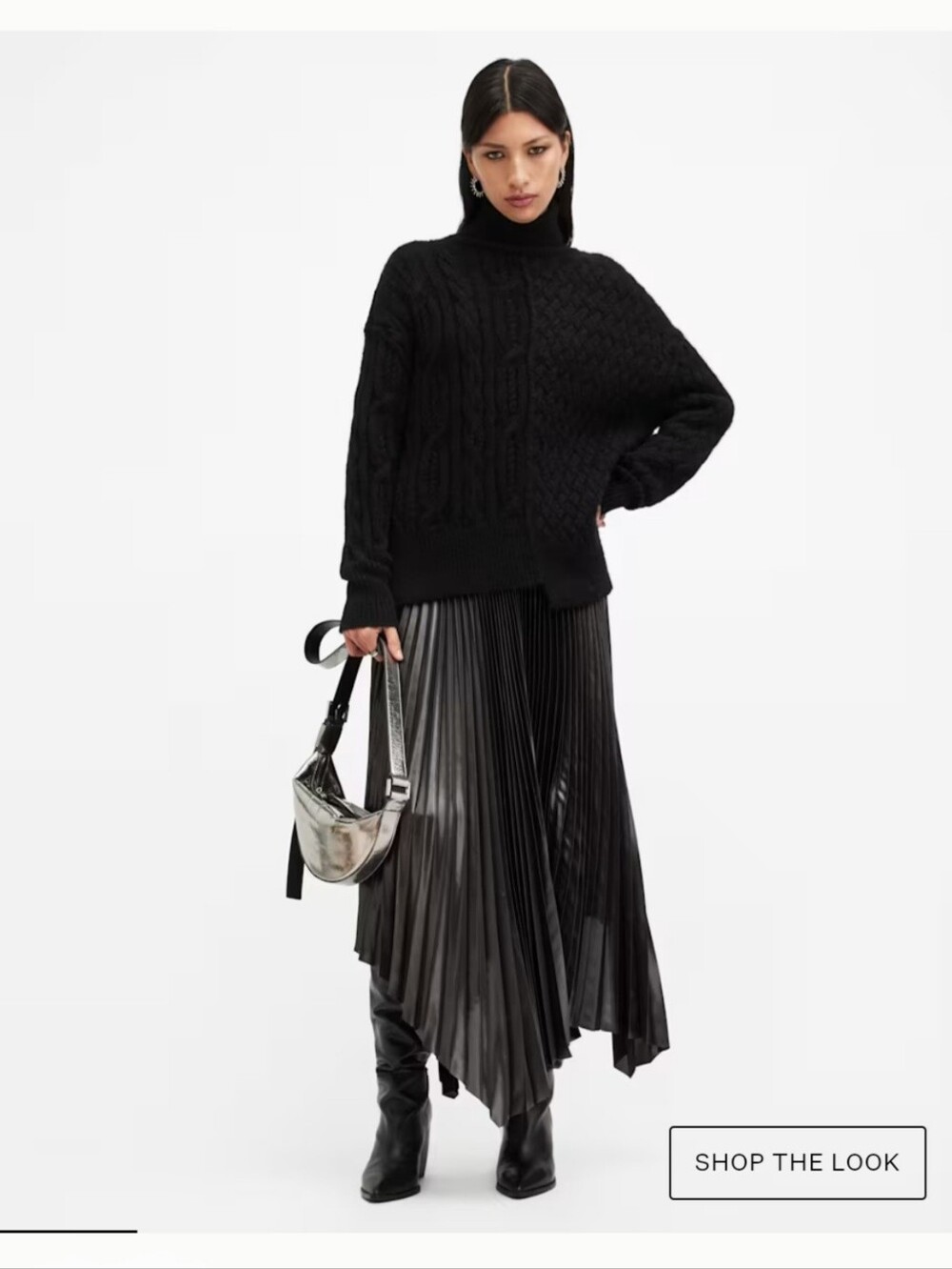 AllSaints Varla Cable Stitch Roll Neck Sweater Black Alpaca Blend Small